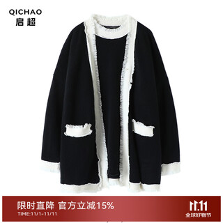 Qichao thickened 1000g mid-length pure cashmere cardigan for women 2025 autumn and winter coat 100% cashmere sweater suit black s