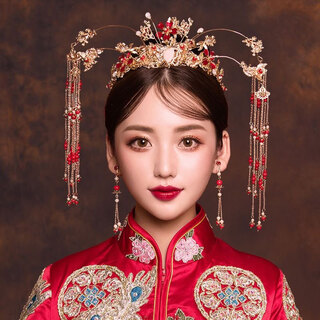 Meng junchen bridal costume headwear phoenix crown and show dress accessories round hair crown chinese wedding tassel hair accessories phoenix crown + earring clip