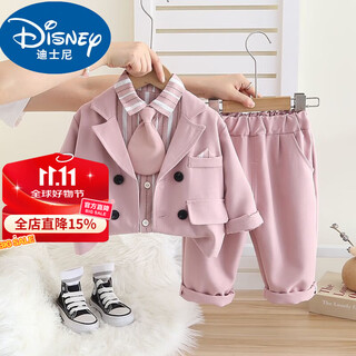 迪士尼（Disney）童装男童秋装套装新款儿童春秋季洋气韩版西装三件套宝宝礼服潮款 粉红色 8293韩版西装领带长袖三 90 (升级款) 建议两岁内