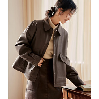 Xwi xinweimeilad matte quilted leather jacket for women in autumn, loose and not bulky, warm and windproof shirt style jacket, dark brown m