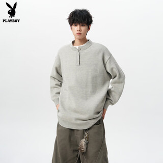 Playboy american solid color henley collar sweater men's autumn and winter new trendy brand high-quality knitwear casual warm couple jacket light gray xl