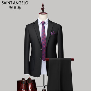 Angel bird men's suit casual suit professional business two-piece autumn and winter groom's dress two-button work clothes solid color black (top + pants) s