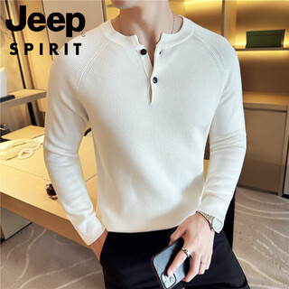 Jeep spirit2025 new autumn henley collar men's yuppie sweater polo bottoming shirt solid color thickened sweater trend white m