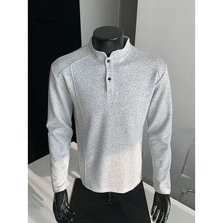 7 excellent products henley collar long-sleeved t-shirt for men in autumn and winter heavy-weight right-shoulder polo shirt sweatshirt loose casual top for men clf-t232 light gray m