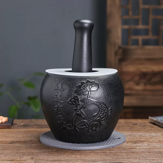 Yusenyi household black gold stone mortar garlic pounder pepper grinder garlic mortar stone pounder stone ladle mortar stone cup pound medicine jar lianlian youyu outer diameter 16cm water drop shape internal design 16ml