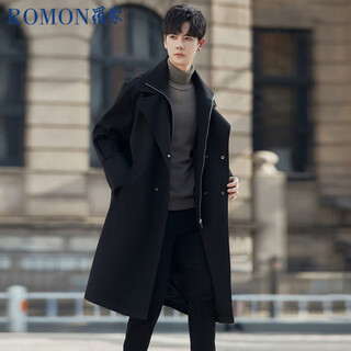 Romon men's windbreaker mid-length woolen coat business coat british style fake two-piece windbreaker black xl
