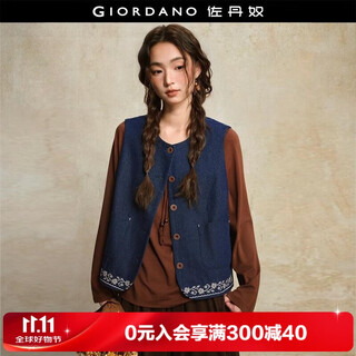 Giordano designer autumn and winter new style contrasting color embroidered hem round neck denim vest jacket for women 18375815