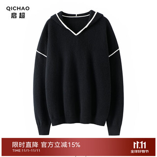 Qichao loves it to the core thickened hooded 100% pure cashmere sweater women's pure cashmere sweater knitted hoodie loose black s