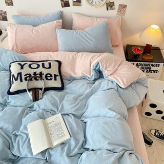 Plush four-piece autumn and winter milk coral velvet bed four-piece new bedding single quilt cover double-sided velvet baby blue + pink jade fitted sheet single quilt cover 150*200cm