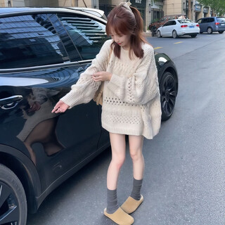 Su yuwei korean style lazy and loose mid-length hollow sweater for women autumn high-end knitted sweater huge good-looking top off-white sweater follow the store - free shipping insurance s (80-95jin jin is equal to 0.5 kg)
