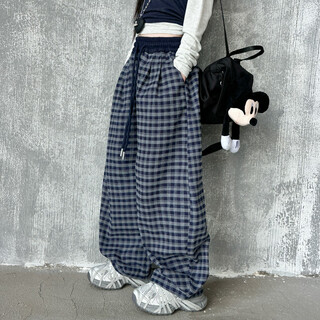 女童春秋套装2025新款洋气韩版中大童休闲上衣格子阔腿裤两件套潮 蓝色单件裤子 120 cm