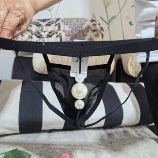 He jiagong men's thong 3cm large beads sexy double butt back hollow t-shaped butt-revealing underwear transparent temptation low-waist pants black