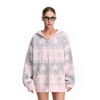 Fdr official store star jacquard sweater cardigan jacket women 2025 new autumn and winter hooded couple sweater men pink s