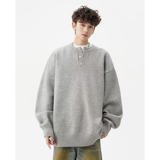 American henry collar sweater for men, winter thickened pullover knitted bottoming shirt with old money long-sleeved linen clothes, light gray xl