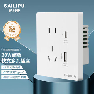 Sailipu type 86 concealed 2, 3, 5-hole socket usb charging type-c mobile phone fast charging source panel 20w smart fast charging socket usb+type-c white