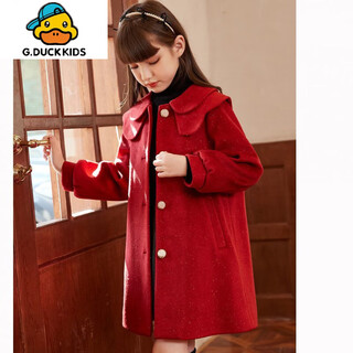 G.duckkids girls woolen coat winter new year red girls korean style dress western-style medium and long woolen coat for big children red gold flash woolen 150 cm