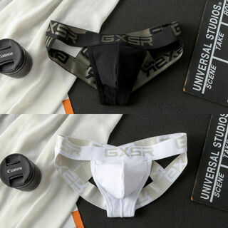 Men's sexy cross double butt back hollow low-waist elastic wear-resistant leg briefs buttocks lifting thong black + white m