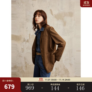 Elle shopping mall same style elle french retro suede suit jacket women's 2025 autumn new silhouette suit dark brown s