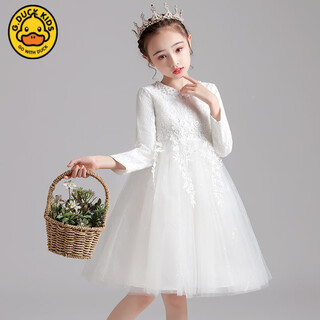 G.duck spring, autumn and winter girls' white princess dress wedding dress children's long-sleeved puff dress middle-aged children's performance dress white no velvet 110 cm suitable for 100-110cm age 4-5 years old