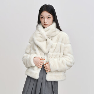 Leding round neck pearl button textured fur coat winter new thickened cute striped short coat with scarf off-white (ready in stock) s