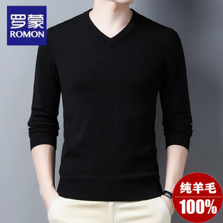 Romon worsted superfine 100% pure wool sweater men's autumn and winter v-neck thickened sweater sweetheart neck knitted bottoming sweater trendy 663 black/v collar l 175 140-155jin jin is equal to 0.5 kg
