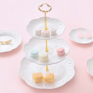 Eeeza afternoon tea tableware european three-layer dessert plate cake plate afternoon tea dessert plate living room household candy tray rack large, medium and small 3-tier_embossed disk jinyaguan free 5 forks