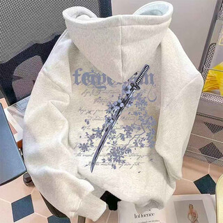 Luyal trendy vintage cherry blossom sword print sweatshirt men's autumn high street trend hoodie casual versatile jacket white gray regular xl recommended 120-140jin jin equals 0.5 kg