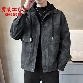 Autumn new retro hooded leather jacket men's american fashion brand young and middle-aged comfortable casual motorcycle leather jacket dark gray m
