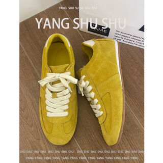 Genuine leather version of round-toe flat-soled lace-up moral training shoes for women 2025 spring new versatile invisible heightening forrest gump casual shoes bright yellow ready stock quick delivery 35 35