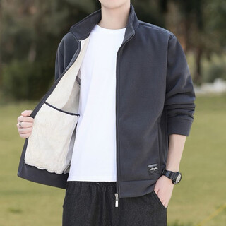 Luo ming old men's velvet polar fleece jacket autumn and winter casual versatile stand-up collar jacket thickened cardigan sweatshirt men's gray velvet style xl (recommended 140-160jin jin equals 0.5 kg)