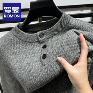 Romon high-end one-piece velvet henry collar plus velvet thickened long-sleeved sweater for men winter round neck warm knitted bottoming shirt solid color gray m