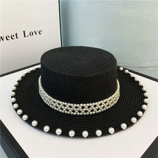 Ye yu hepburn style hat seaside beach hat pearl straw straw hat sun hat retro internet celebrity flat top hat summer black head circumference 55-58cm