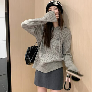 Feiyao hooded sweater for women 2025 autumn and winter new twist pullover sweater gray loose lazy style top gray one size
