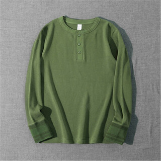 Fog retro hong kong light luxury trendy brand heavyweight pure cotton waffle long-sleeved t-shirt men's spring and autumn henry shirt collar sweatshirt bottoming shirt olive green s 95-115jin jin equals 0.5 kg