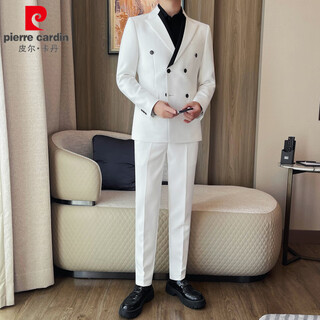 Pierre cardin double-breasted color-blocked suit for men, high-end, slim, business casual, versatile groom's wedding suit, two-piece suit, white suit + trousers 3xl (155-165jin jin equals 0.5kg)