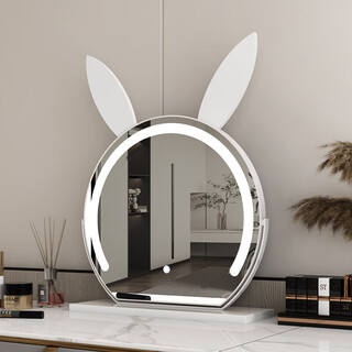 Rabbit makeup mirror with lights for dressing student desktop led home beauty internet celebrity smart makeup bedroom white 40cm (battery model) rotatable three-tone lighting