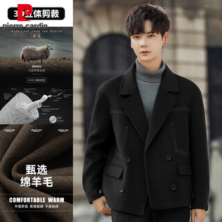 Pierre cardin 2026 new winter edition top-stitched men's double-sided woolen coat short casual woolen suit wool fleece jacket black selected wool 2xl (165jin jin is equal to 0.5kg -185jin jin is equal to 0.5kg)