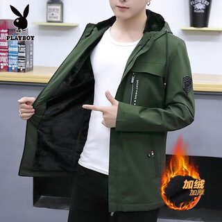 花花公子外套男夹克秋冬季休闲青年男士风衣中长款韩版工装衣服男装加绒潮 768绿色 加绒 M 推荐80-100斤