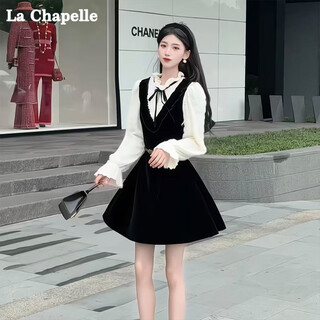 La chapelle dress women's small fragrance style 2025 autumn fashion royal sister wear waist huge nice-looking fake two-piece long dress for women black with rice (short style) s 80-100jin jin is equal to 0.5 kg