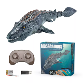Yusenyi remote control mosasaurus dinosaur can swim and dive, fully waterproof canglong simulation sea shark toy boat electric model, rechargeable remote control mosasaurus gray can spray water, three sets of rechargeable lithium batteries for 90 minutes of play + charging cable