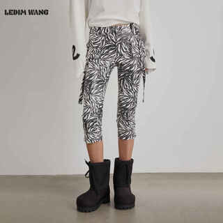 LEDIM WANG白标/机能工装皮裤六分裤女25秋冬新款黑色紧身中裤 斑马色（现货） XS 【身高160-165，体重45-47.5】