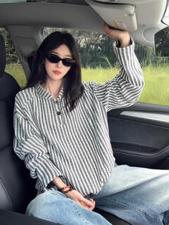 Xuanfanduo herringbone pattern american henry collar sweatshirt for men in autumn heavyweight houndstooth long-sleeved t-shirt with bottoming shirt for men white m m recommended 105-120 jin jin equals 0.5 kg