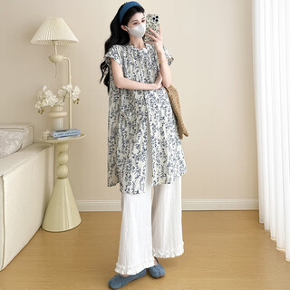 Maternity summer suit 2025 new sweet floral shirt skirt lace wide-leg pants pregnant mother high-end wear floral shirt + white lace pants xxl