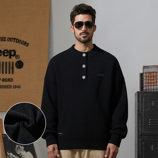 Jeep half-cardigan sweater, autumn and winter warm, thermal storage and breathable men's sweater, henry collar high elastic men's knitted sweater, pure black m