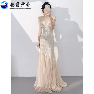 Oimg light luxury high-end champagne color evening dress for women 2025 new high-end sense of temperament and beautiful host one-shoulder champagne color ready stock xl