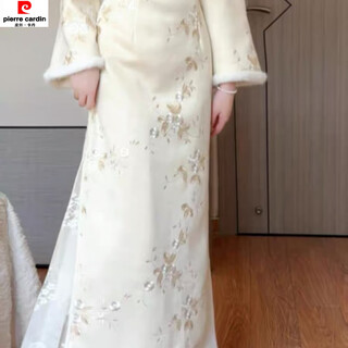 Pierre cardin matcha mochi 2025 winter new improved cheongsam embroidered suede plus velvet fur collar women's style new chinese style white petticoat m