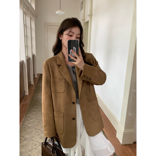 Pusumede suede blazer women's autumn and winter new quilted retro style niche suit camel ready stock m