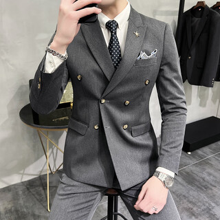 Ax armani suit men's wedding groom's best man suit host business casual formal double-breasted suit three pieces 2206 dark gray suit trousers white shirt free tie tie belt m