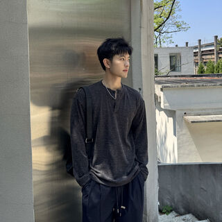 Feixingji texture pleated henry collar long-sleeved t-shirt men's loose old money style sweater bottoming shirt autumn top black s s90-120jin jin is equal to 0.5 kg