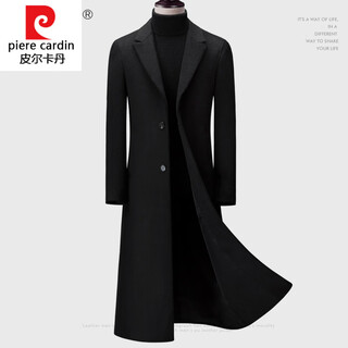 皮尔卡丹（pierre cardin）针织长风格修身羊毛外衣男士加长青年英俊风衣黑色休闲厚外衣 加长款黑色斜插口袋 M